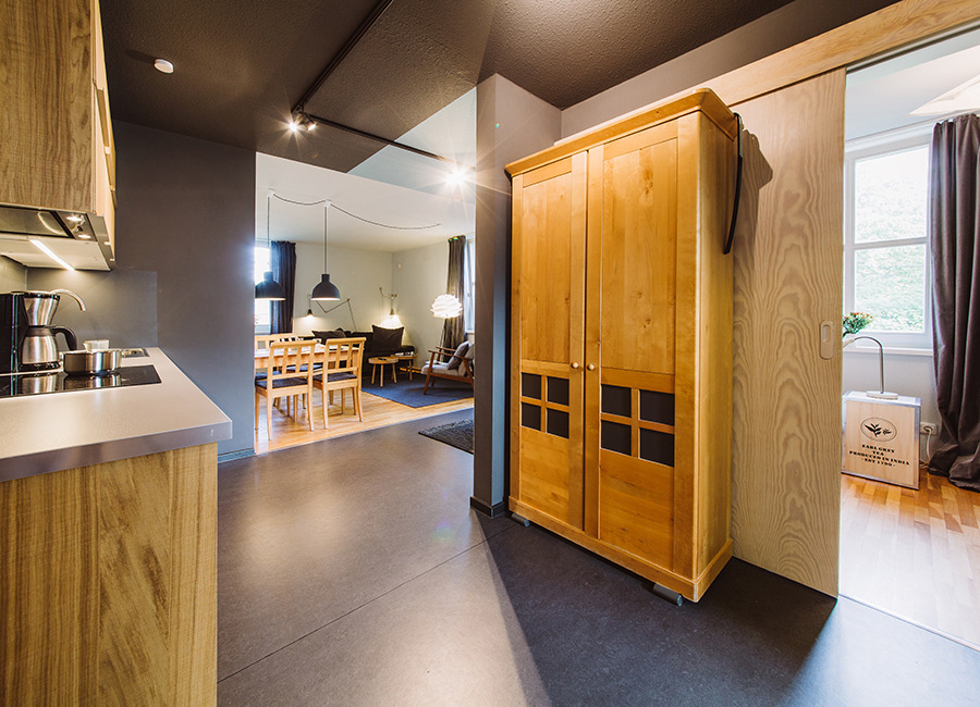 Küche mit Holzschrank, Blick ins Wohnzimmer