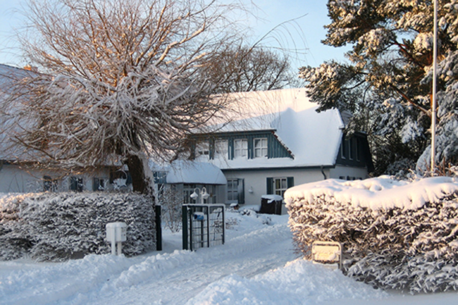 Das verschneite Haus am Schilf im Winter
